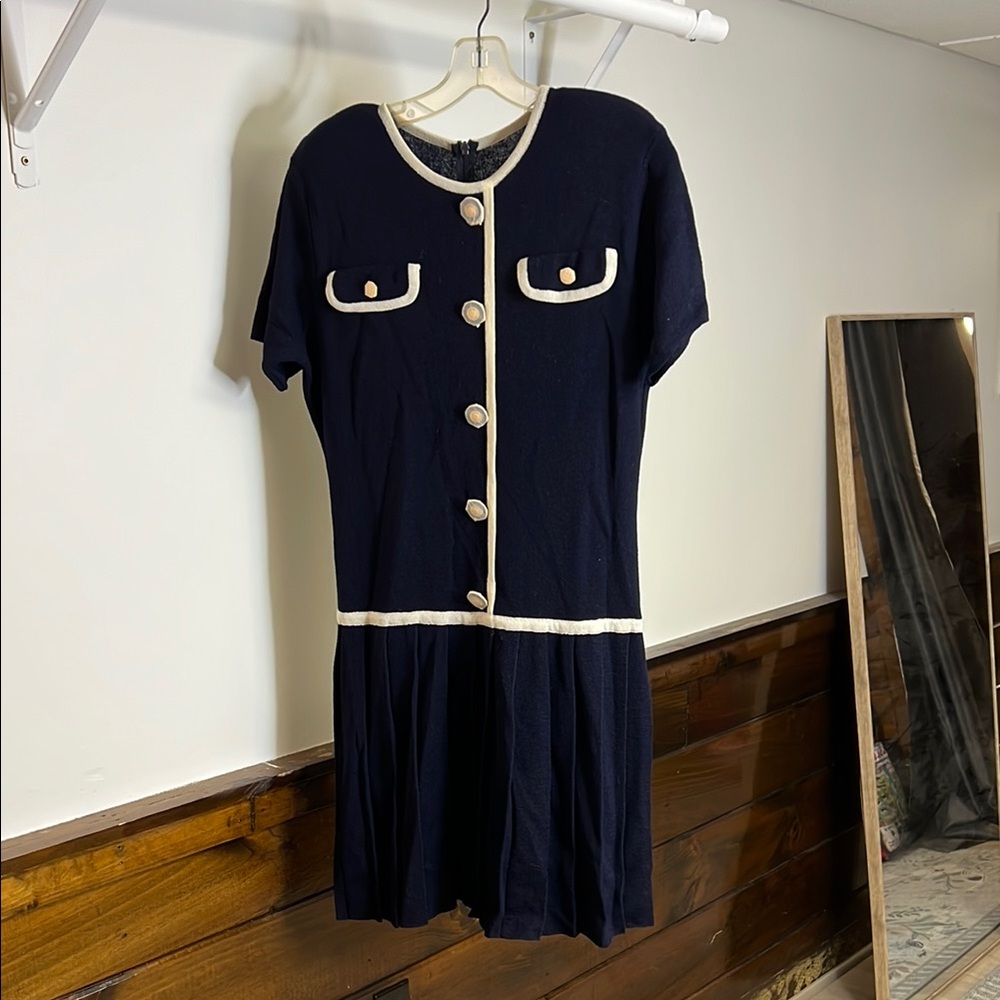 NWT Andrea Jovine Wool‎ Elegant Navy Blue Dress with Cream Accents- L